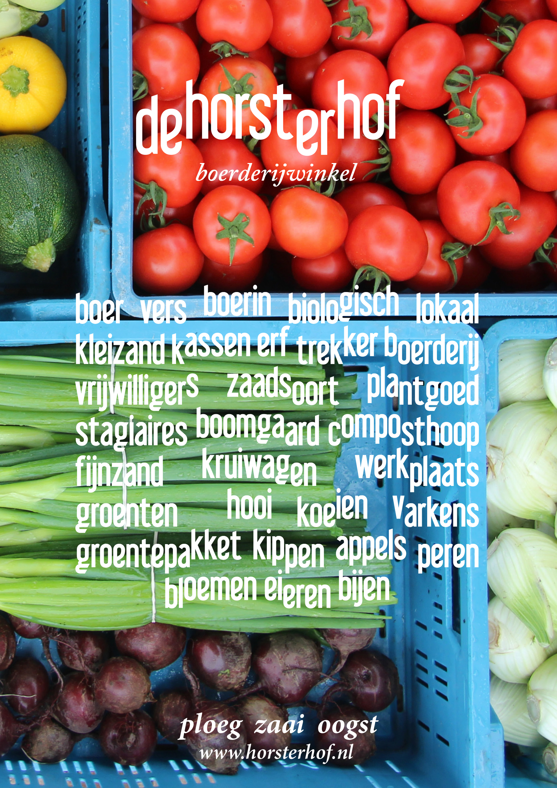 flyer van de boerderijwinkel met groentekratten en typografie